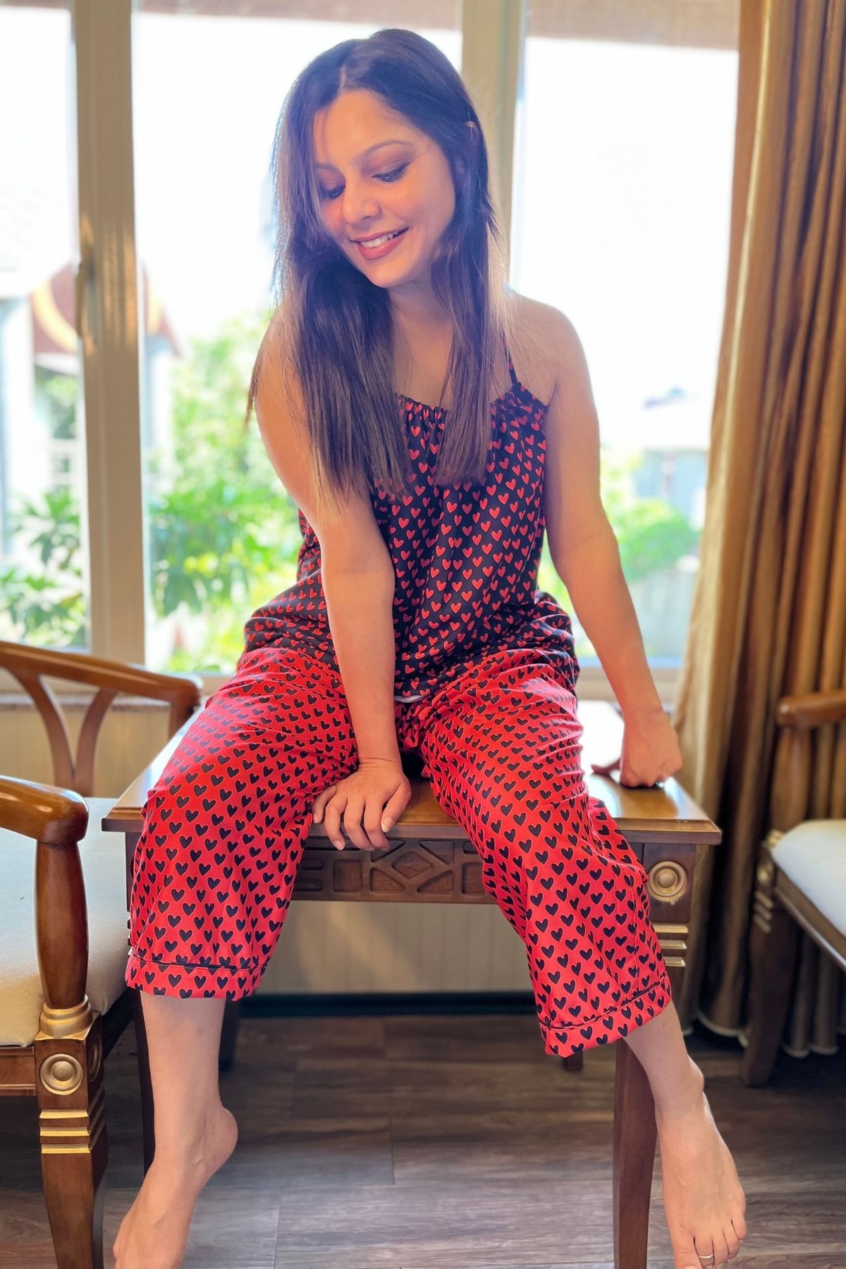 BLACK RED HEARTS WOMEN NIGHTSUITS SET